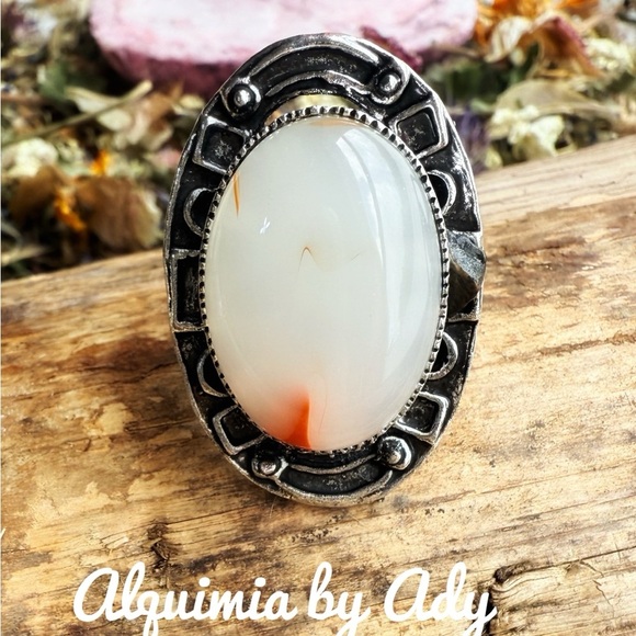 Maximalist oversized white  agate sterling silver gem adjustable ring - Picture 1 of 7